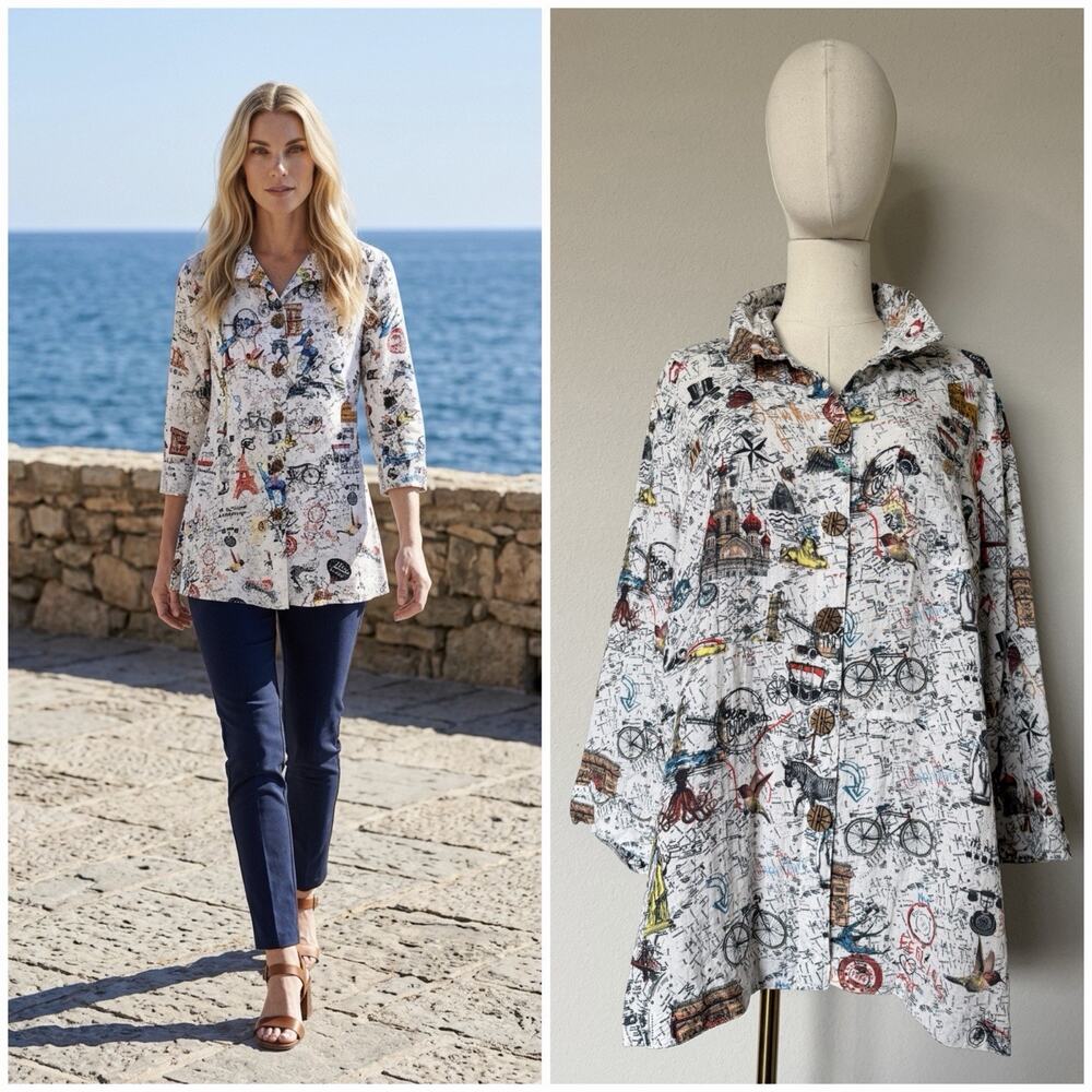 John Mark Size L Novelty Map Travel Print Wire Neck 3/4 Sleeve Blouse Tunic